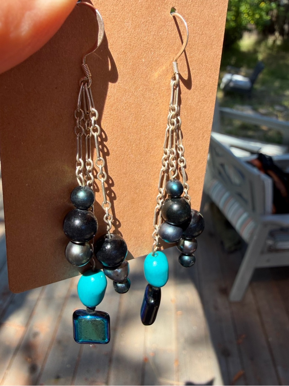 Sterling Silver Artisan Dangle Earrings Turquoise Black Pearl